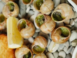 Close-up of gourmet escargot with herbs and lemon on pebbles, showcasing a luxurious dining experience.